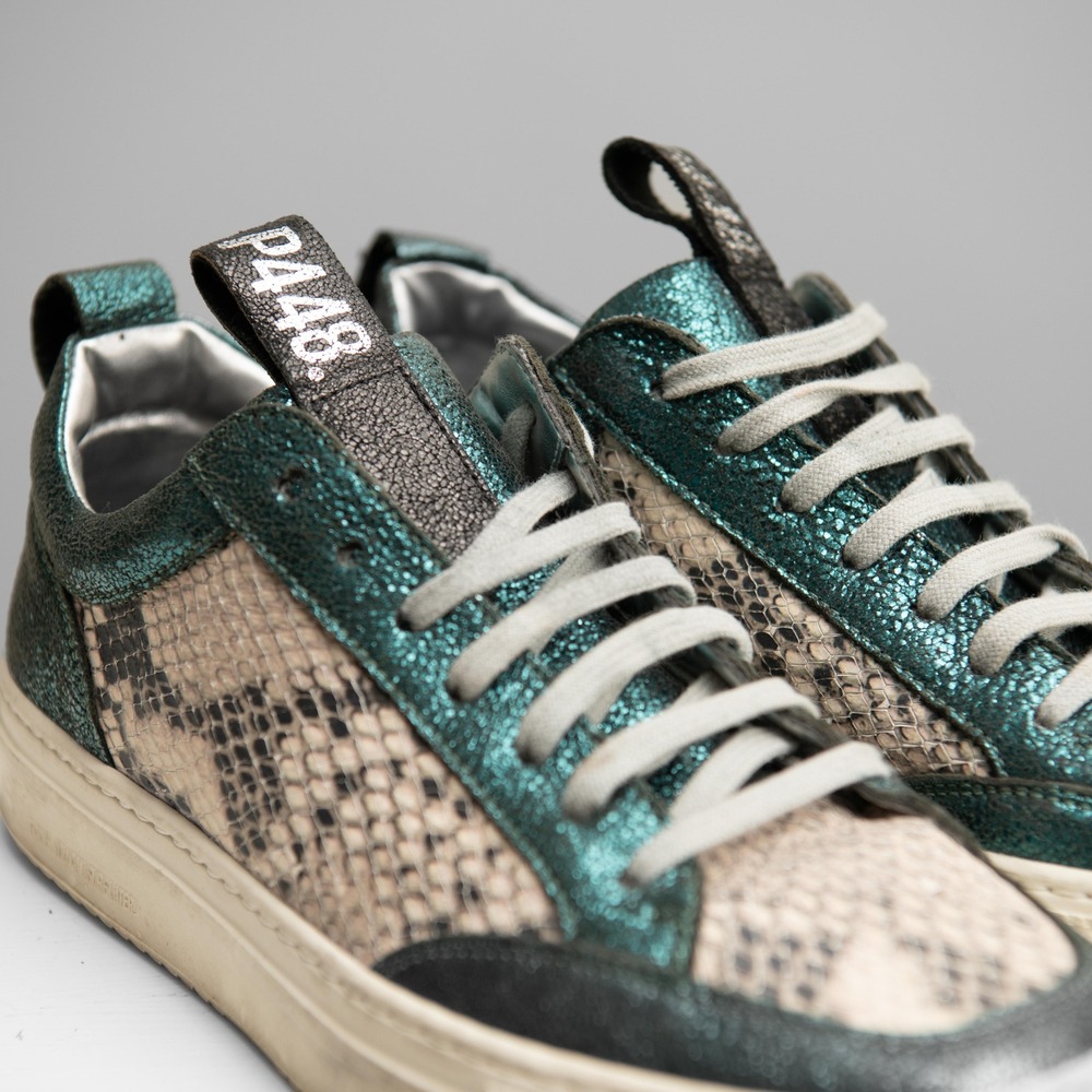 P448 Emerald Metallic Green Snakeskin Sneakers Sz .5 Glam Rock Exotic Streetwear